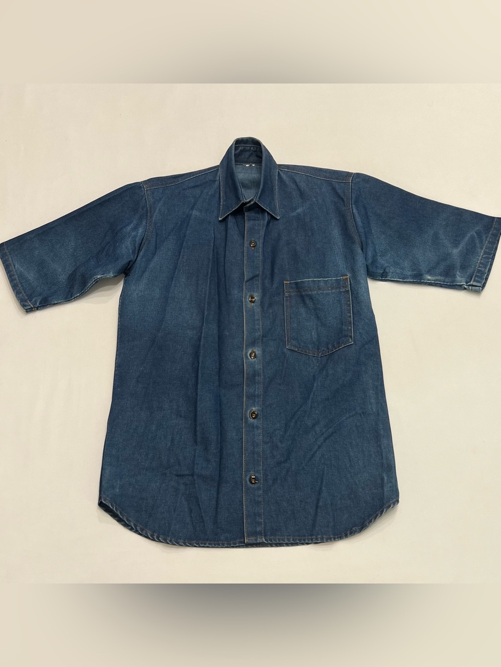 Vintage 90s Men’s Denim Button Up Short Sleeve Shirt Sz Small Blue Jean Workwear